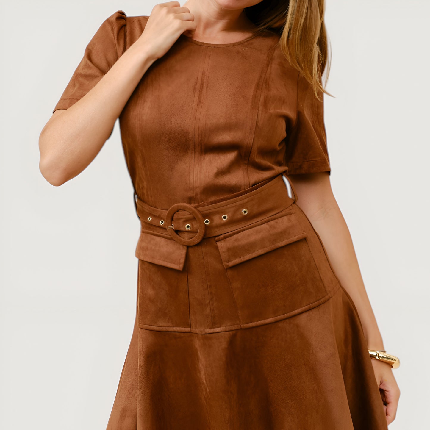 Short Sleeve Mini Dress with Belted Waist and Utility Pockets