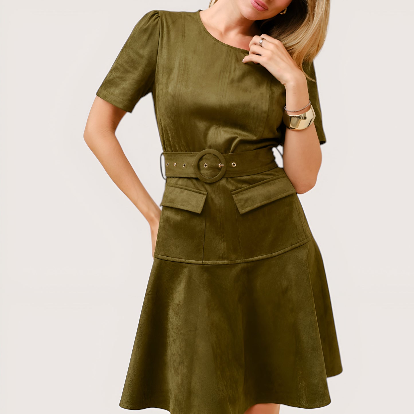 Short Sleeve Mini Dress with Belted Waist and Utility Pockets