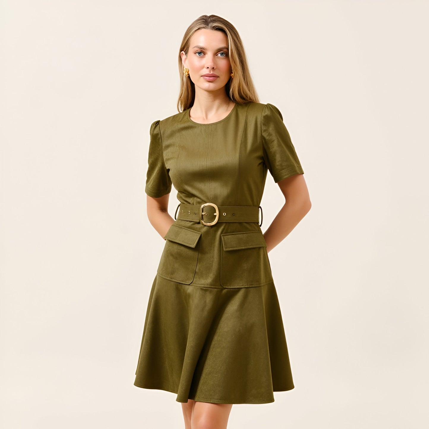 Short Sleeve Mini Dress with Belted Waist and Utility Pockets