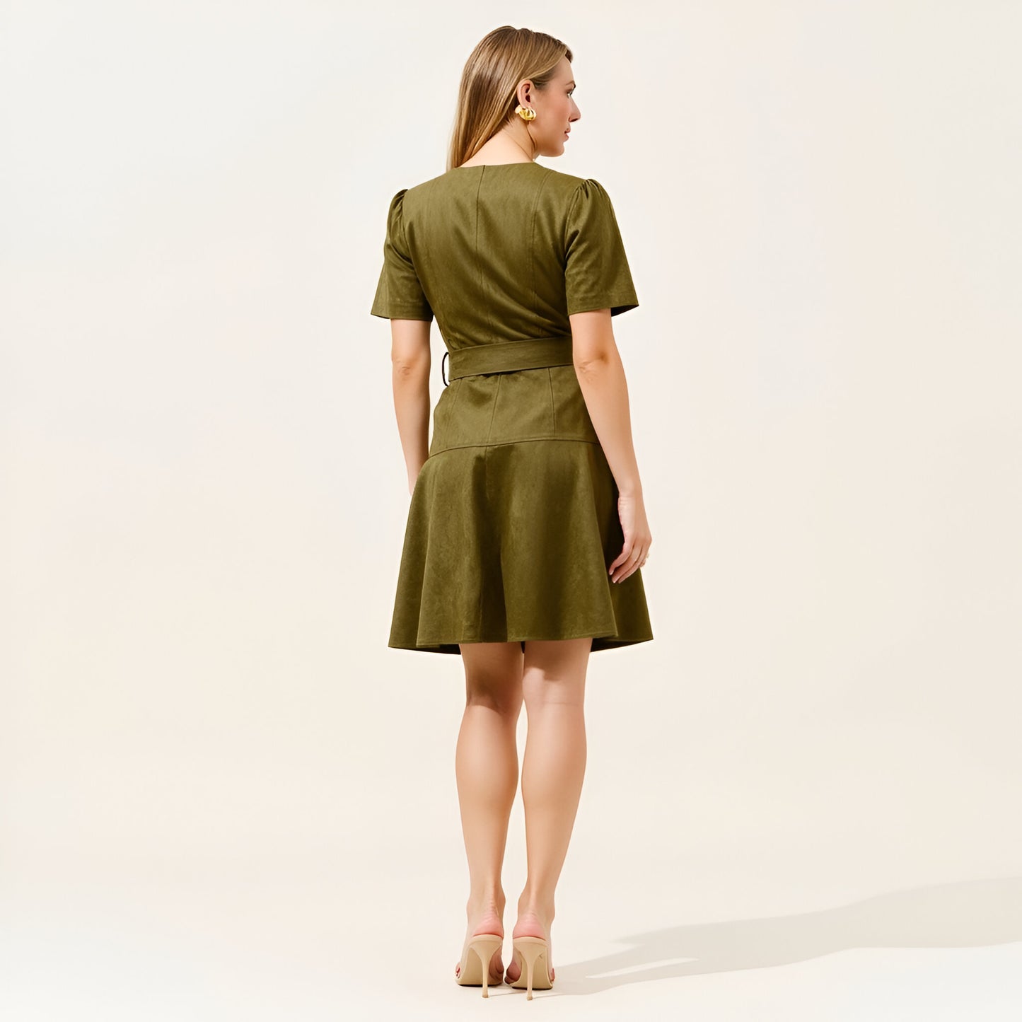 Short Sleeve Mini Dress with Belted Waist and Utility Pockets