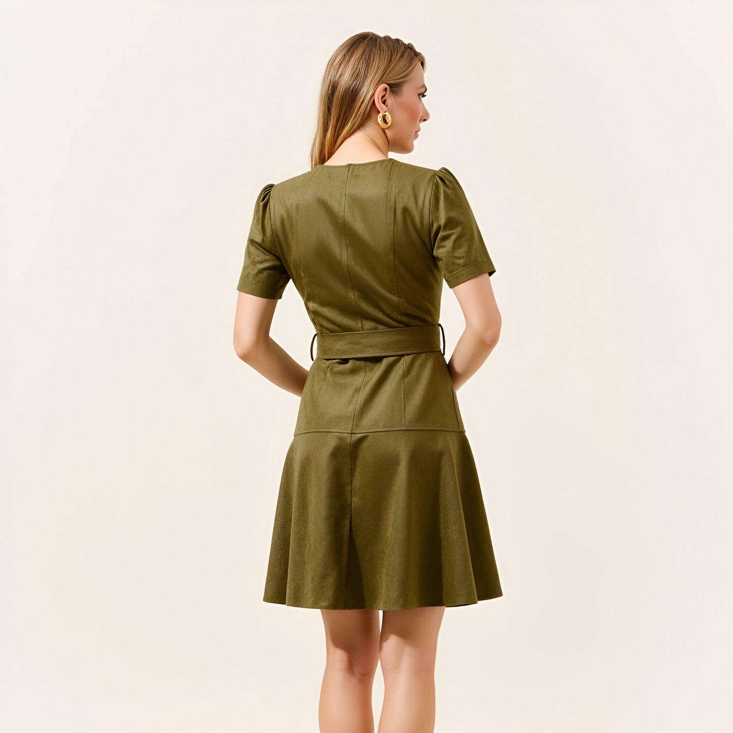 Short Sleeve Mini Dress with Belted Waist and Utility Pockets