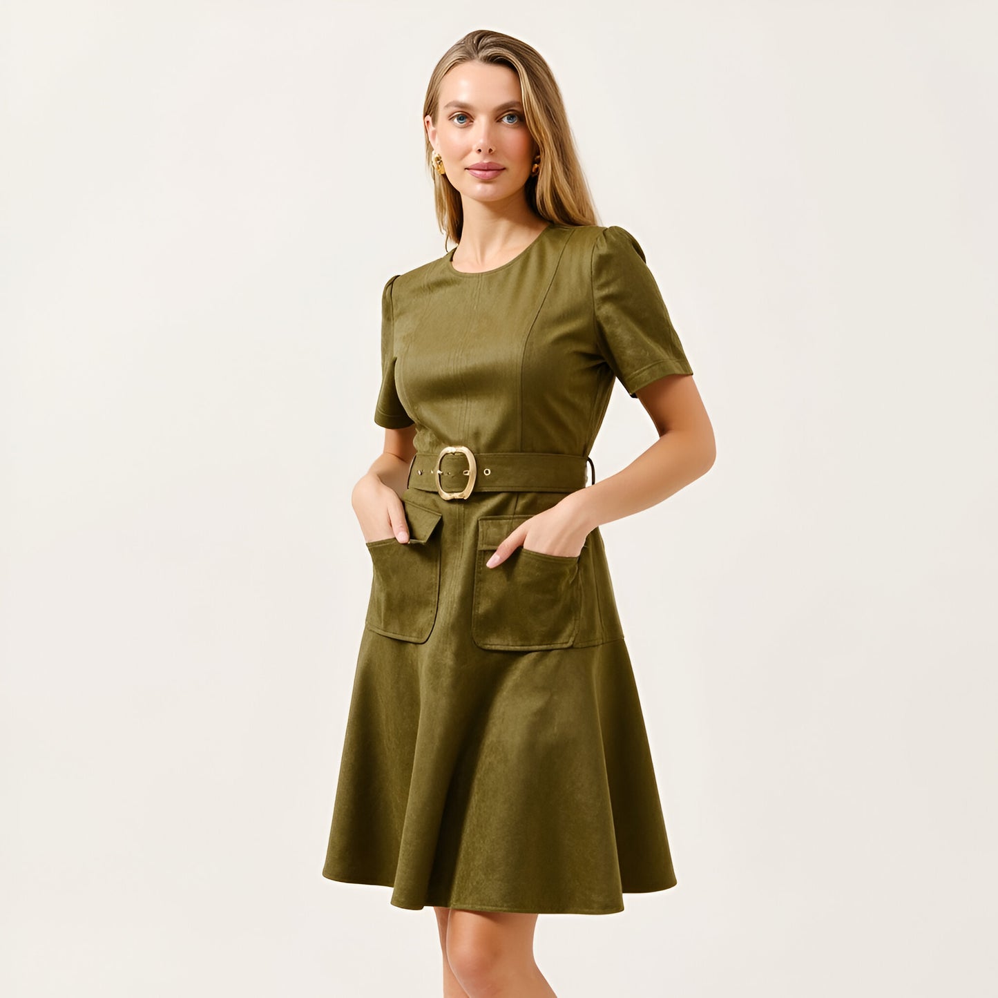 Short Sleeve Mini Dress with Belted Waist and Utility Pockets