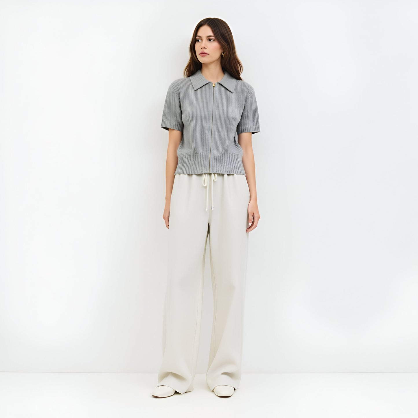 Short Sleeve Knit Cardigan with Zip Front, Ribbed Texture and Polo Collar