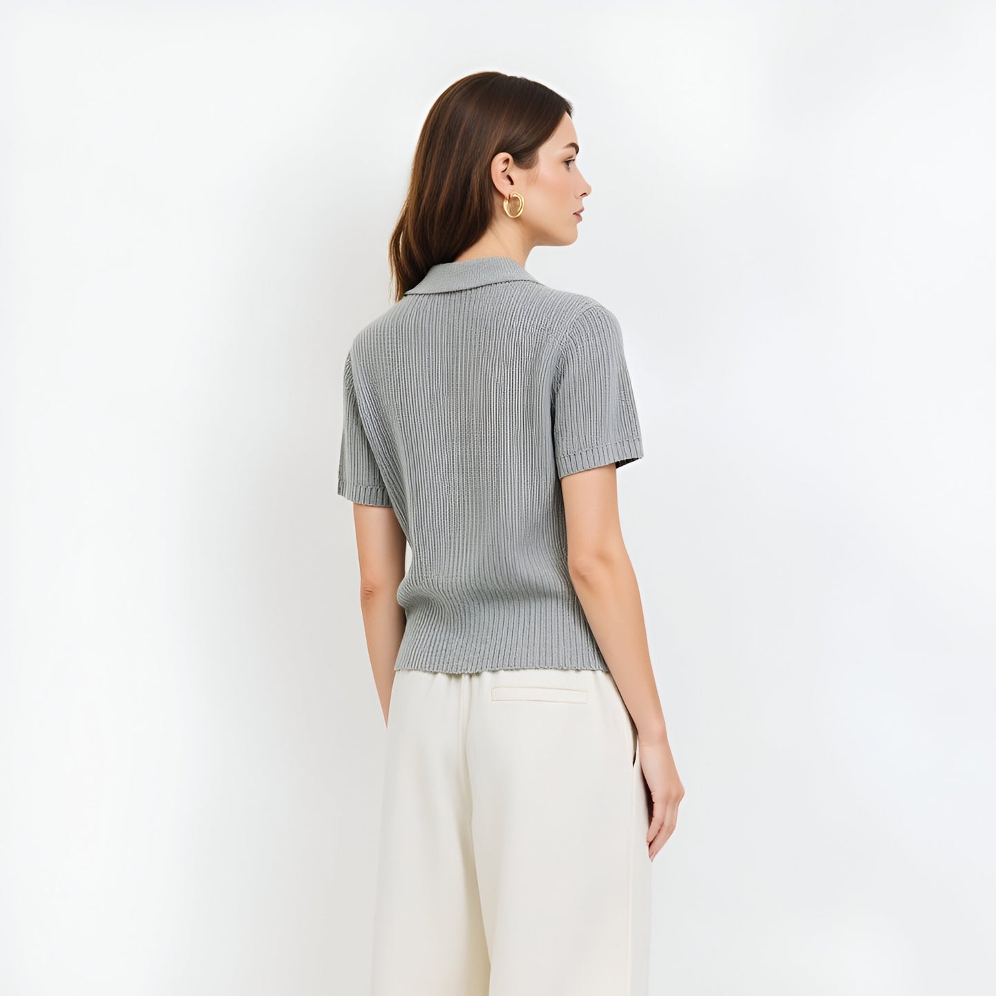 Short Sleeve Knit Cardigan with Zip Front, Ribbed Texture and Polo Collar