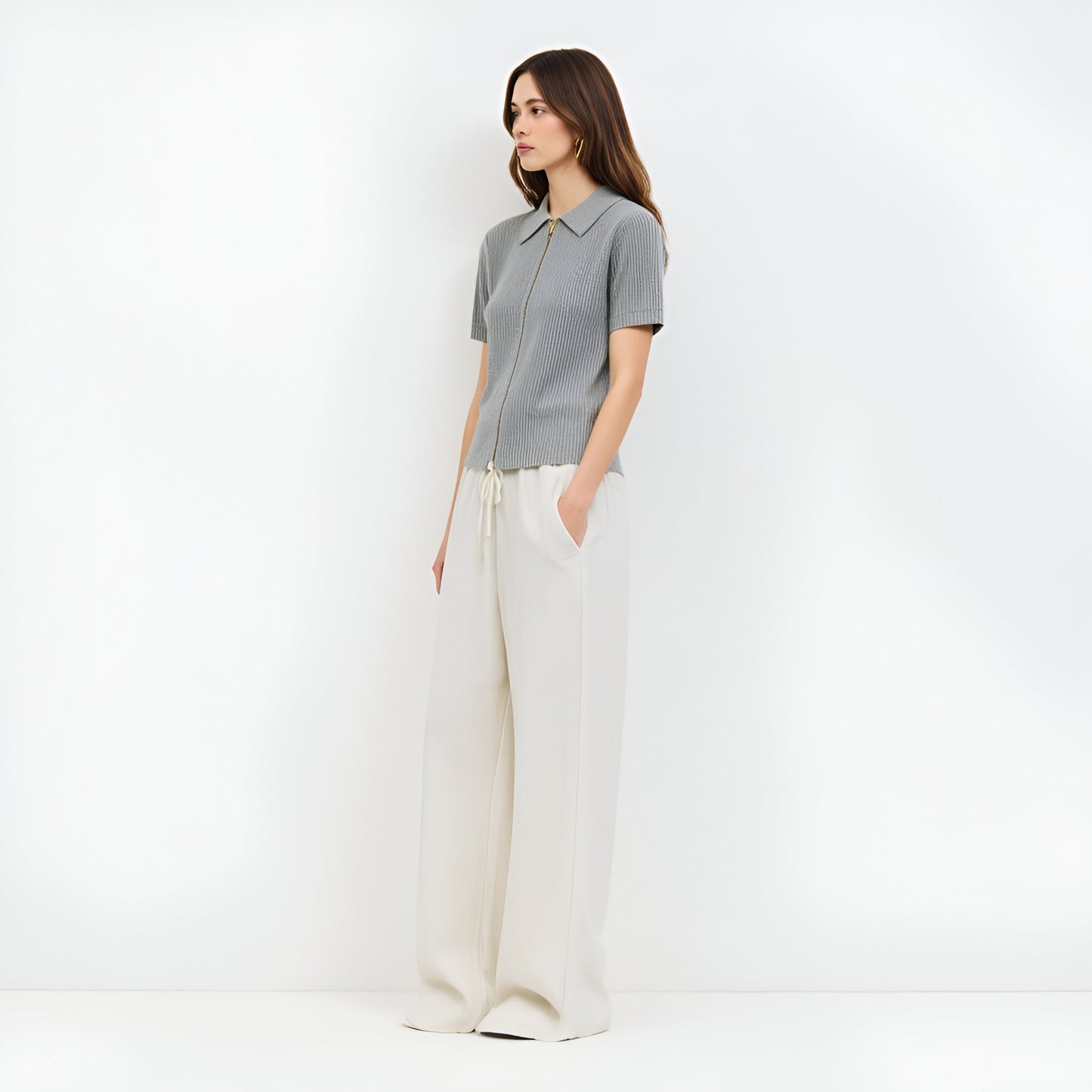 Short Sleeve Knit Cardigan with Zip Front, Ribbed Texture and Polo Collar