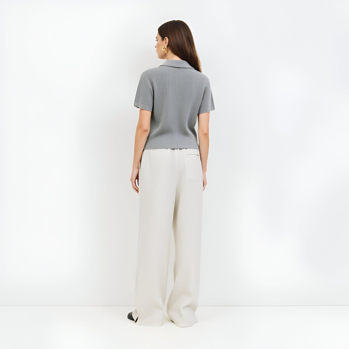Short Sleeve Knit Cardigan with Zip Front, Ribbed Texture and Polo Collar