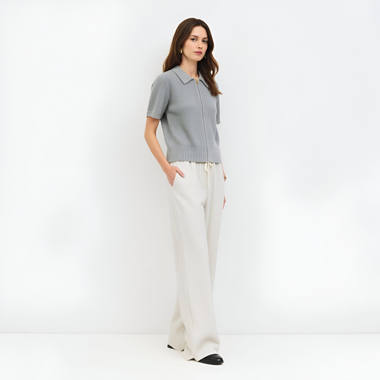 Short Sleeve Knit Cardigan with Zip Front, Ribbed Texture and Polo Collar