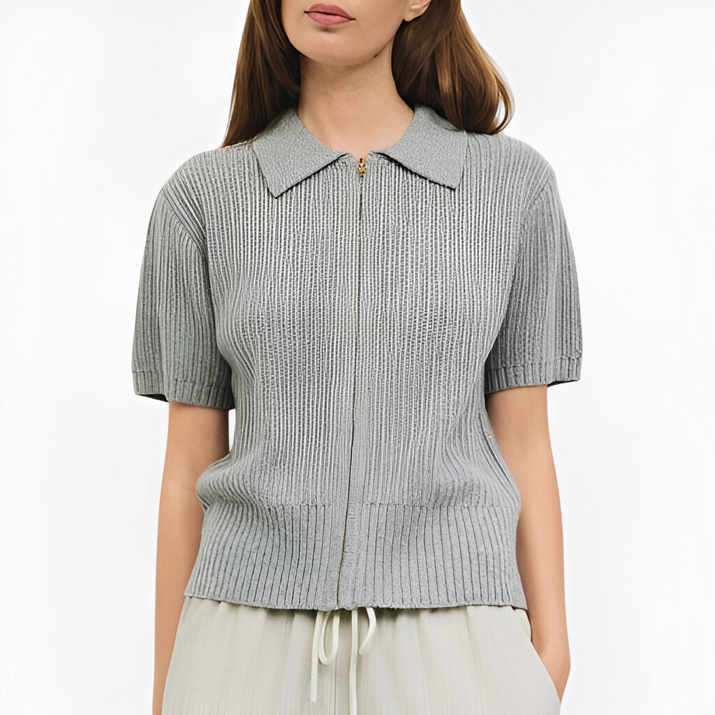 Short Sleeve Knit Cardigan with Zip Front, Ribbed Texture and Polo Collar