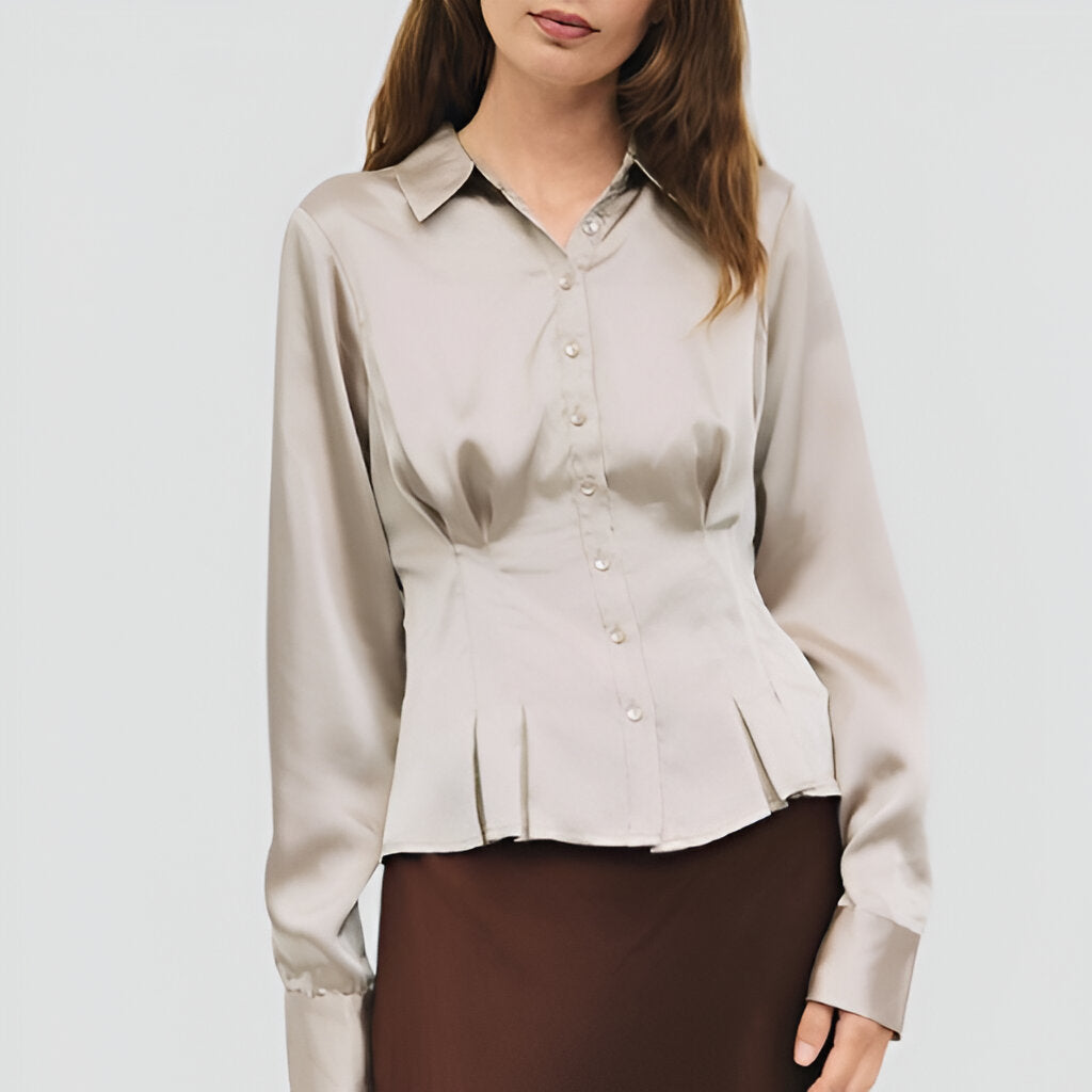 Satin Button-Up Blouse with Waist Pleats and Adjustable Back Tie