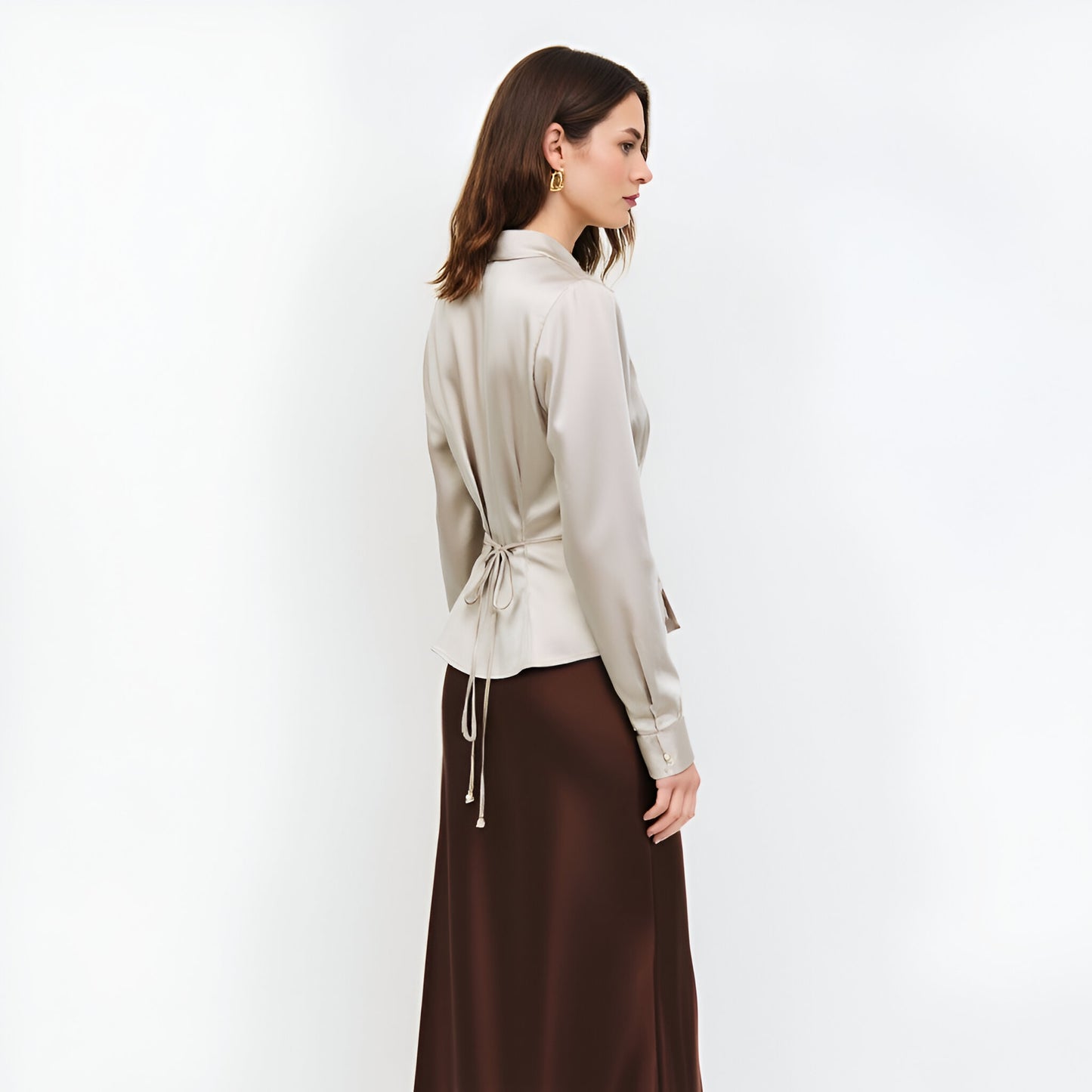 Satin Button-Up Blouse with Waist Pleats and Adjustable Back Tie