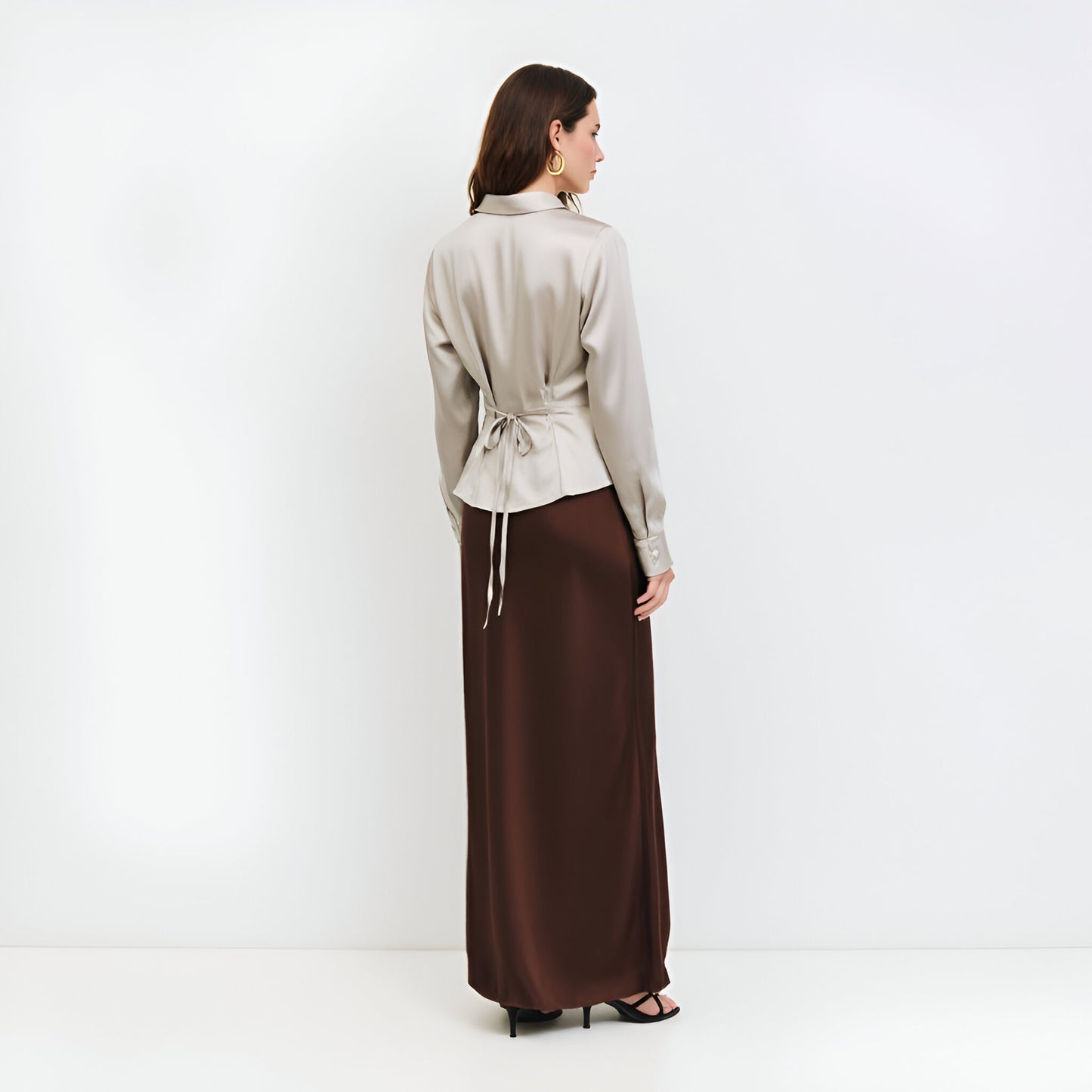 Satin Button-Up Blouse with Waist Pleats and Adjustable Back Tie