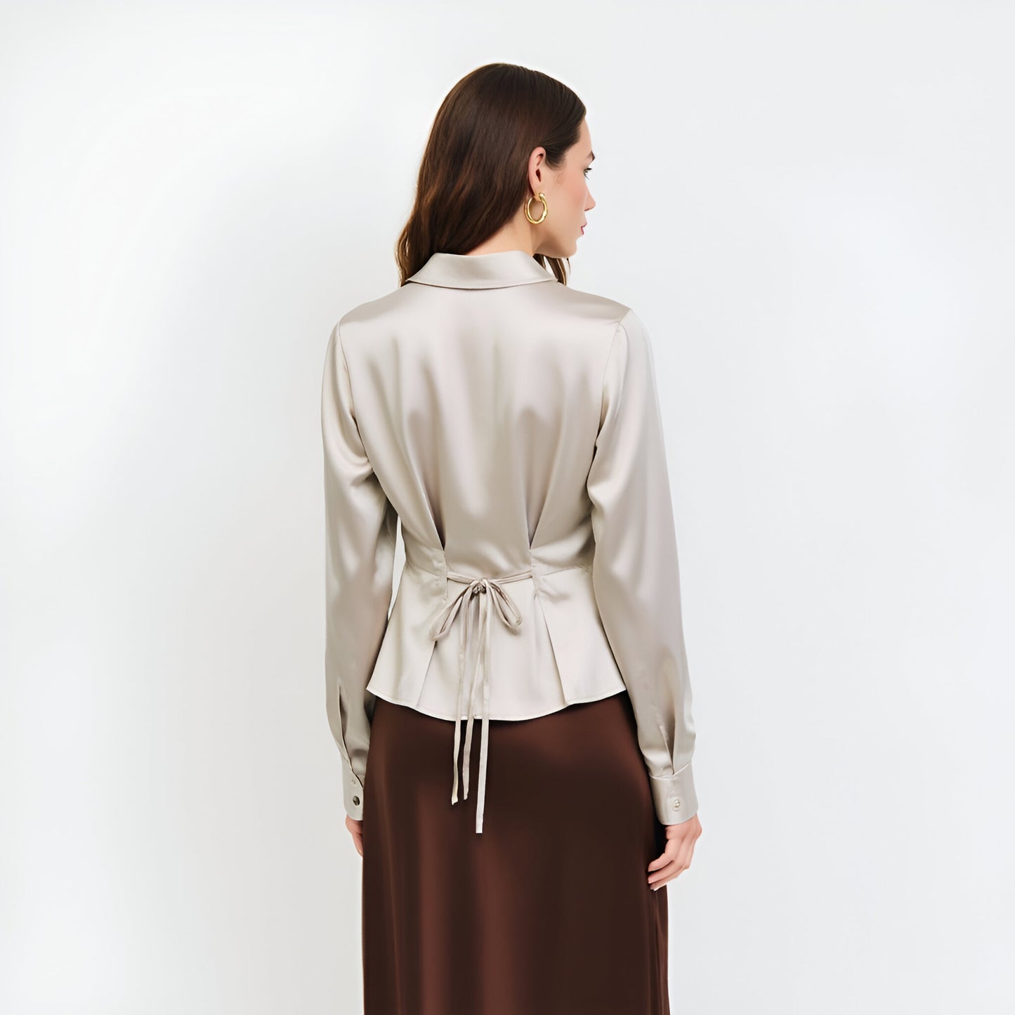 Satin Button-Up Blouse with Waist Pleats and Adjustable Back Tie