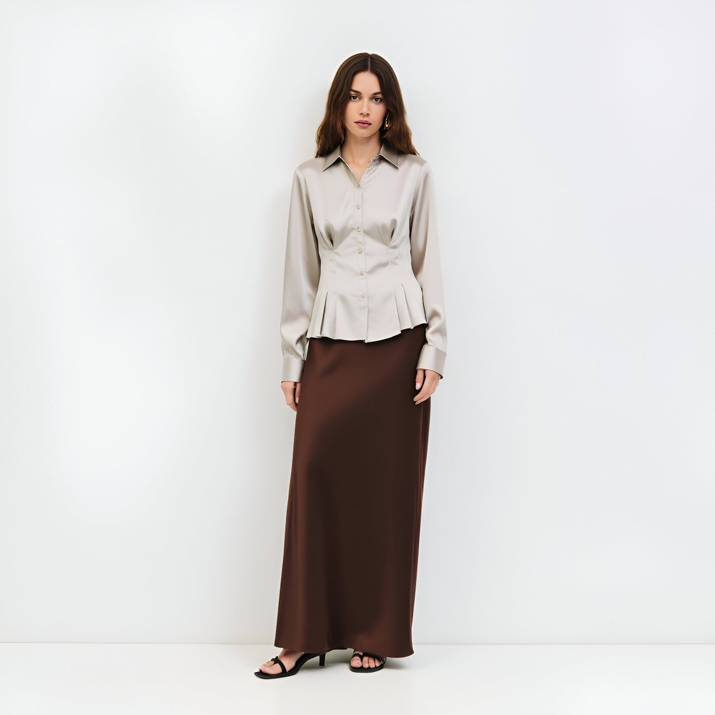 Satin Button-Up Blouse with Waist Pleats and Adjustable Back Tie