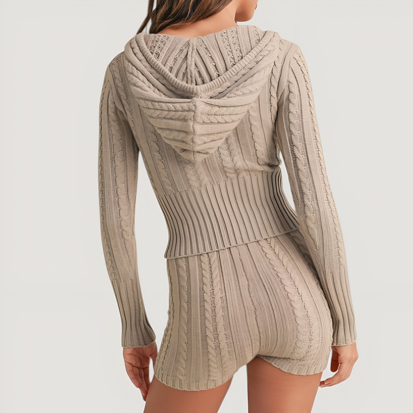 Cable Knit Cropped Hoodie with V-Neckline and Ribbed Hem