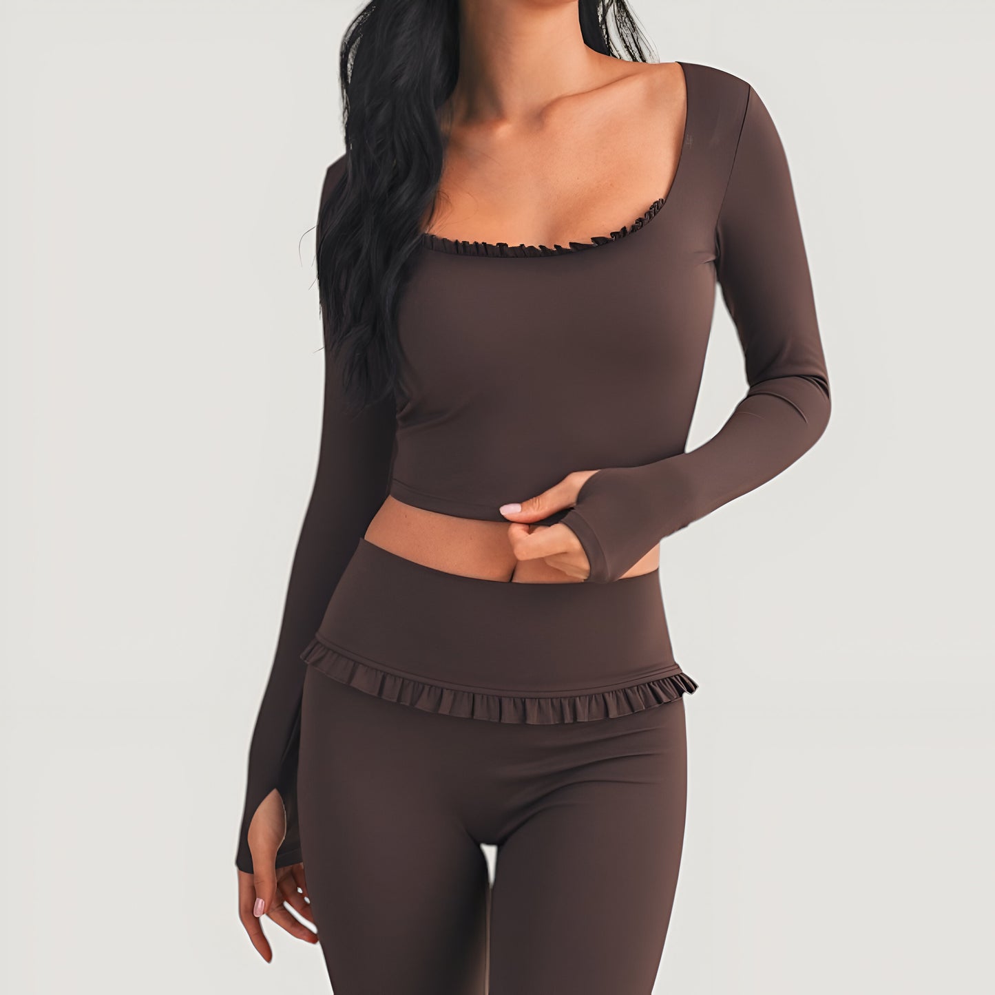 Long Sleeve Crop Top with Ruffle Trim Square Neck and Stretch Fit