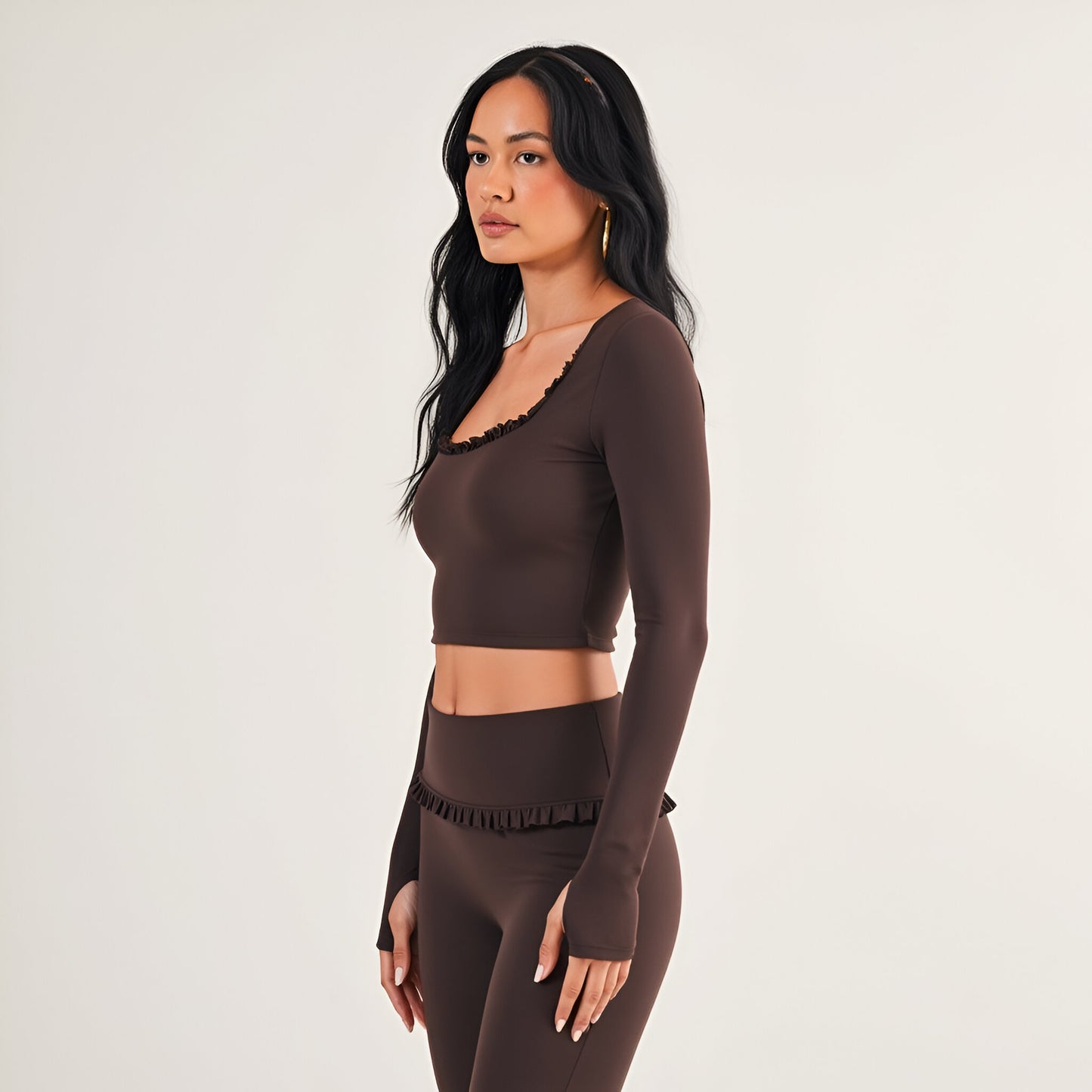 Long Sleeve Crop Top with Ruffle Trim Square Neck and Stretch Fit