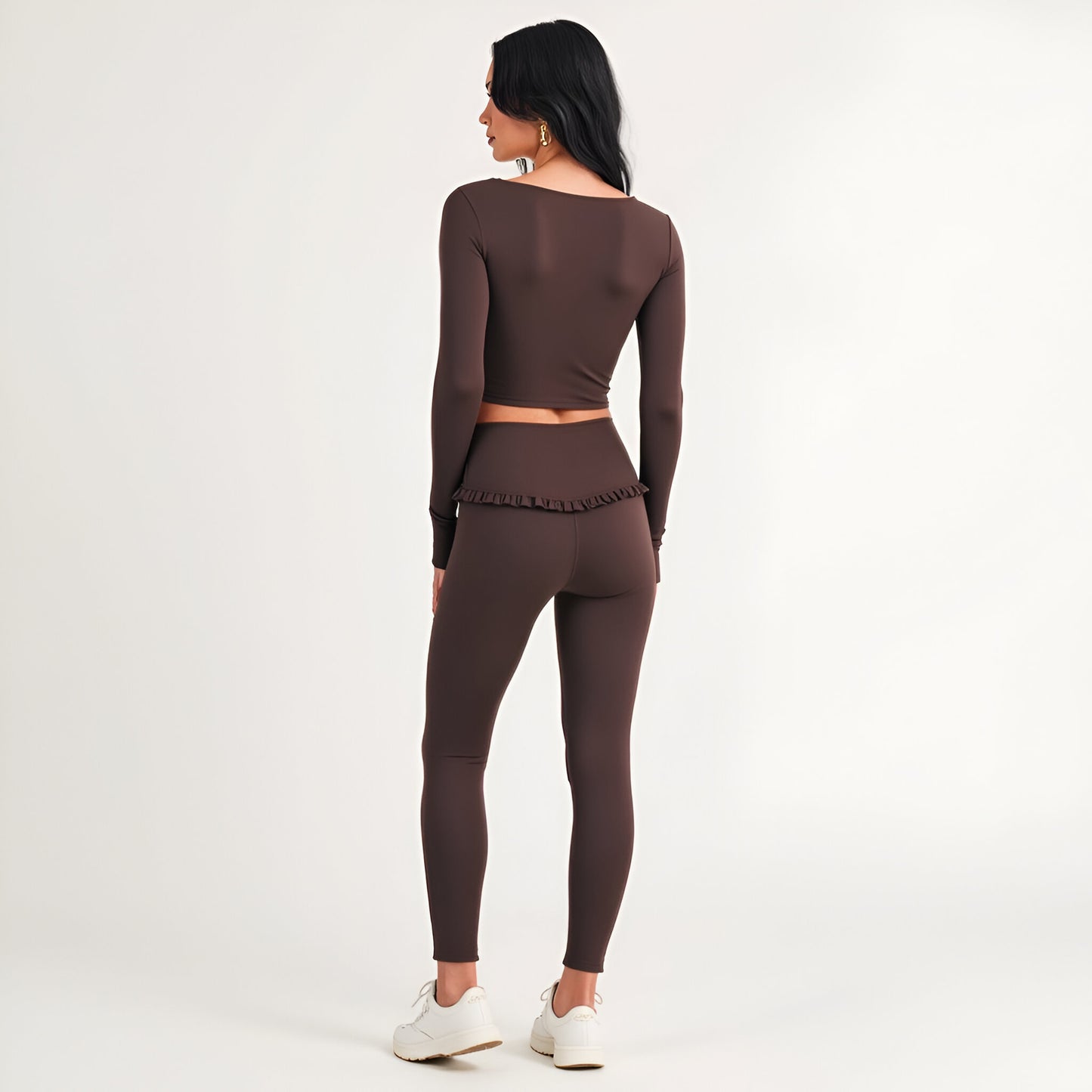 Long Sleeve Crop Top with Ruffle Trim Square Neck and Stretch Fit