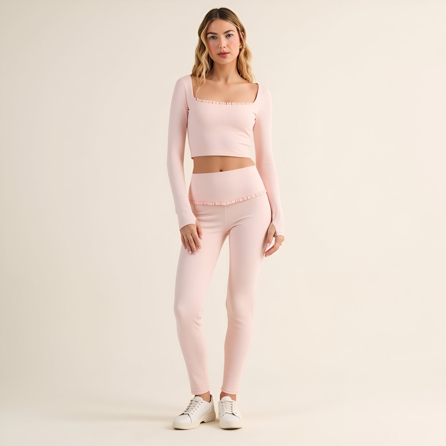 Long Sleeve Crop Top with Ruffle Trim Square Neck and Stretch Fit