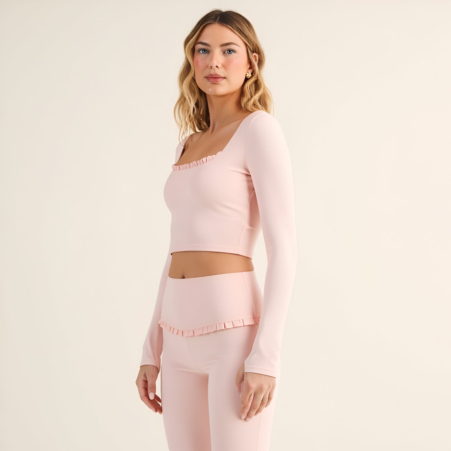 Long Sleeve Crop Top with Ruffle Trim Square Neck and Stretch Fit
