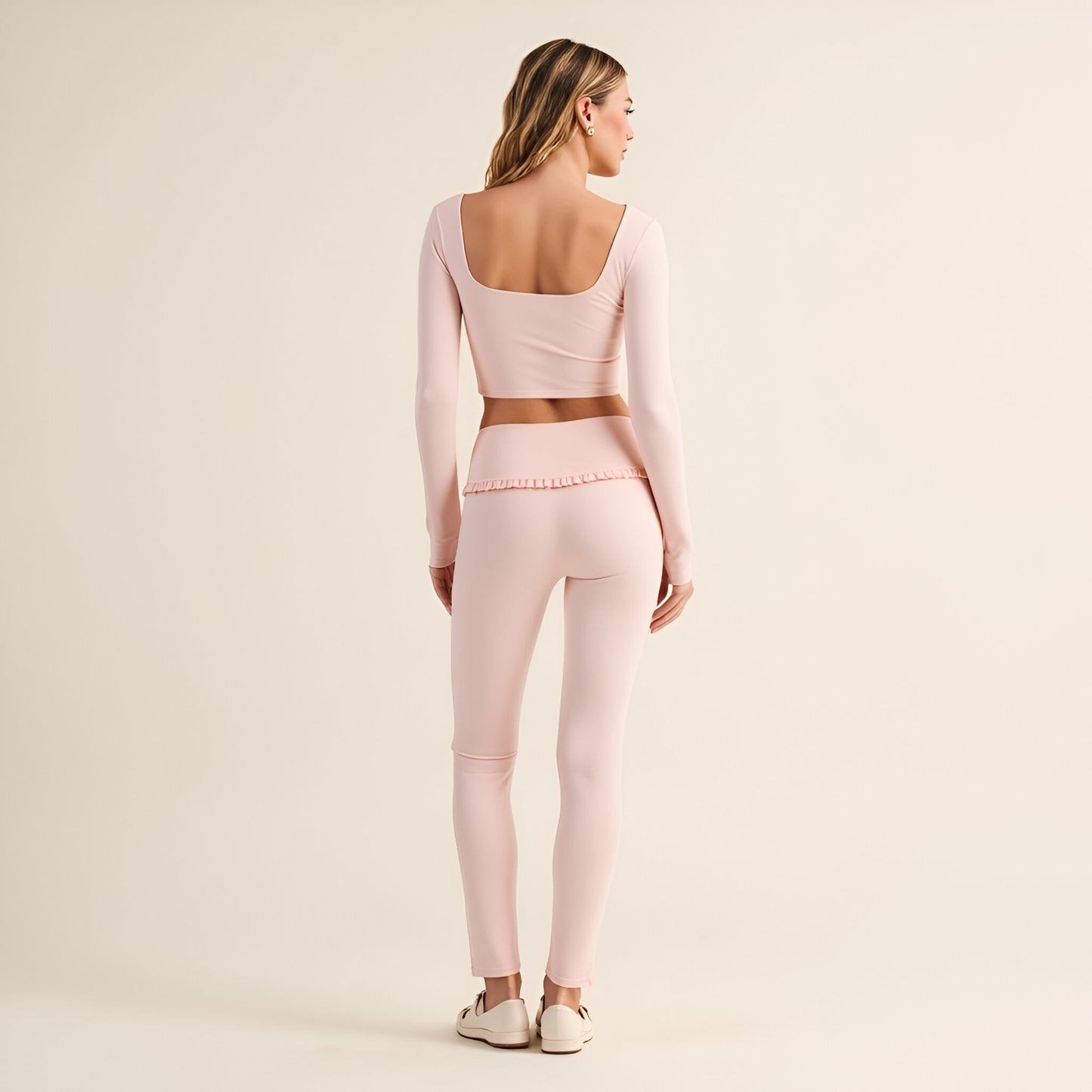 Long Sleeve Crop Top with Ruffle Trim Square Neck and Stretch Fit