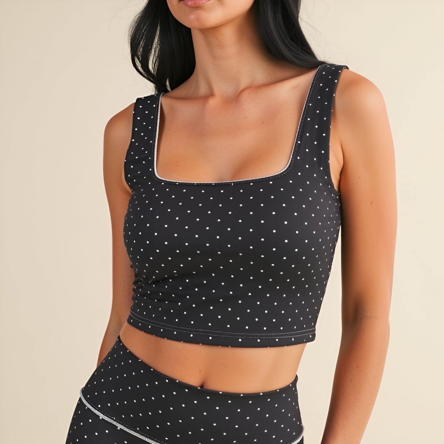 Square Neck Polka Dot Crop Top with Contrast Piping and Wide Straps