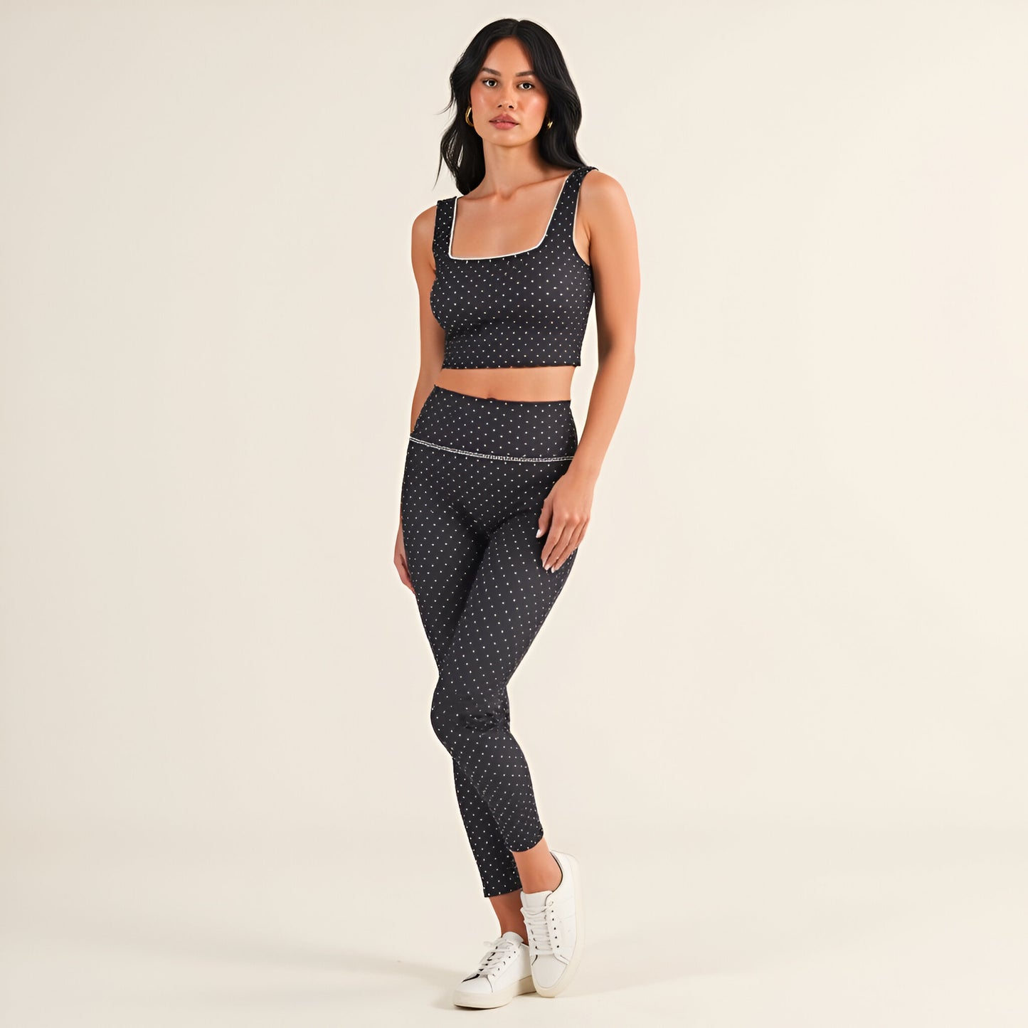 Square Neck Polka Dot Crop Top with Contrast Piping and Wide Straps
