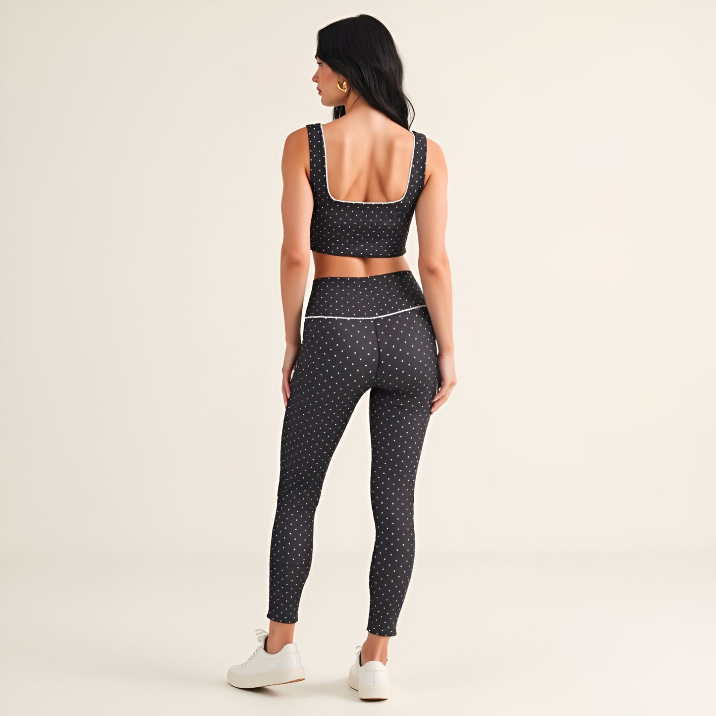 Square Neck Polka Dot Crop Top with Contrast Piping and Wide Straps