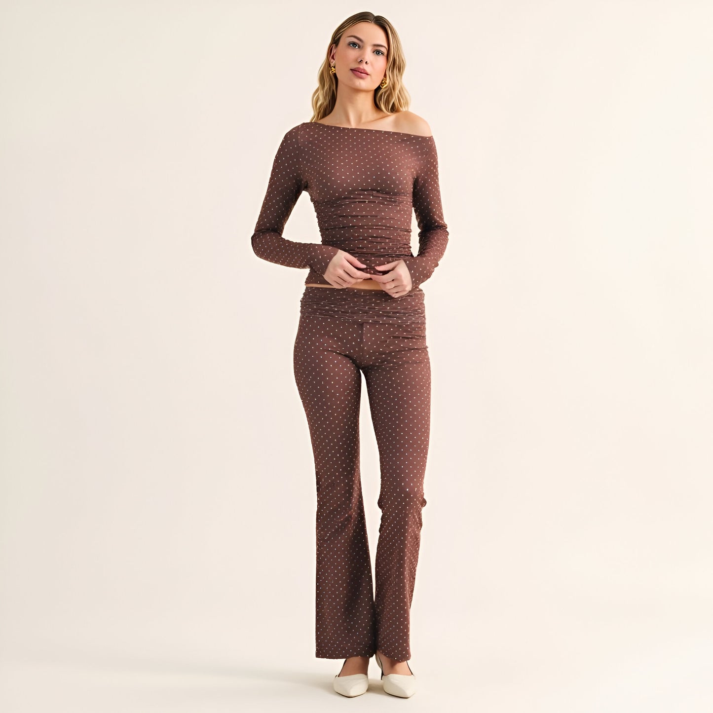 Asymmetric Off-Shoulder Ruched Top with Mini Polka Dot Print