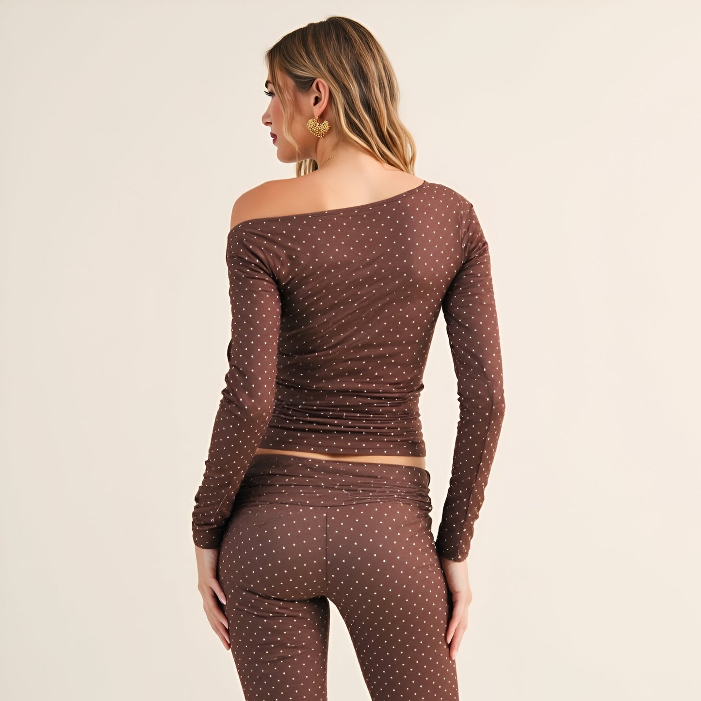 Asymmetric Off-Shoulder Ruched Top with Mini Polka Dot Print
