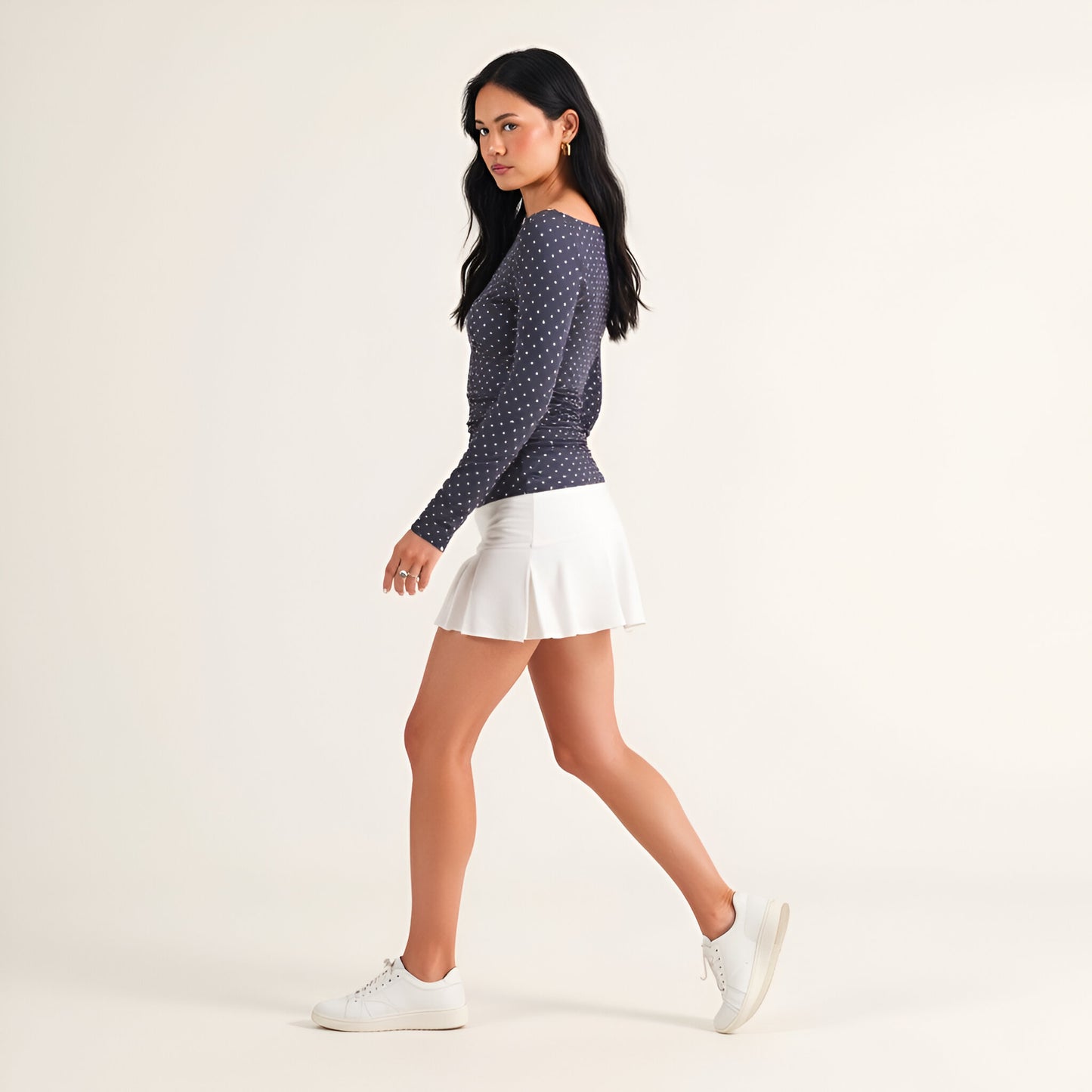 Polka Dot Off Shoulder Long Sleeve Top with Ruched Waist Detail