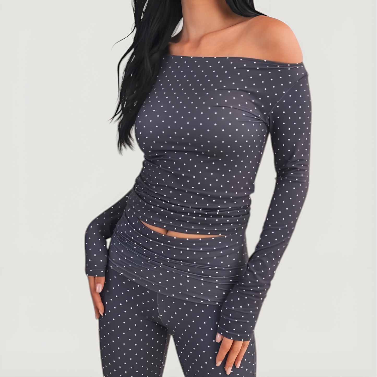 Polka Dot Off Shoulder Long Sleeve Top with Ruched Waist Detail