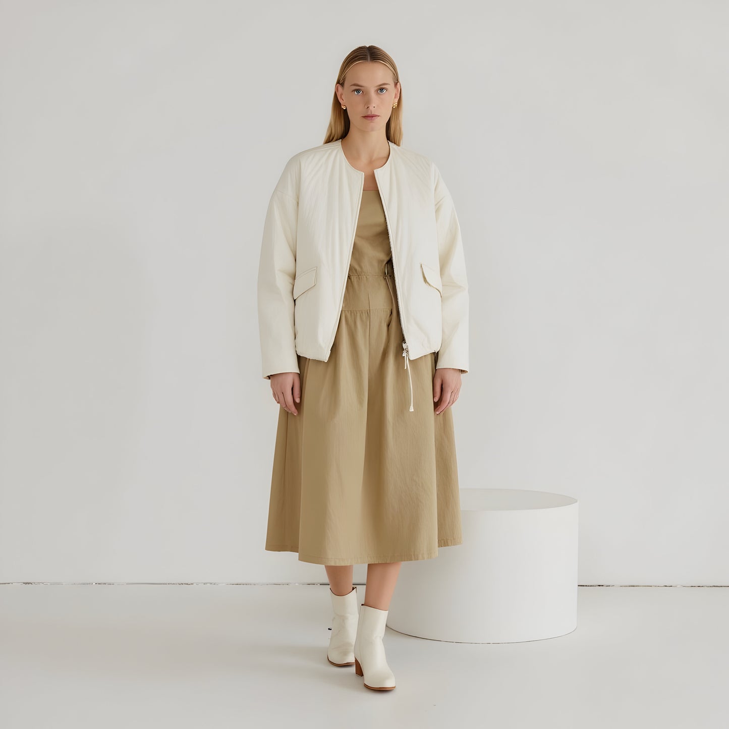 Diamond Quilted Zip-Front Jacket with Flap Pockets and Clean Collarless Cut