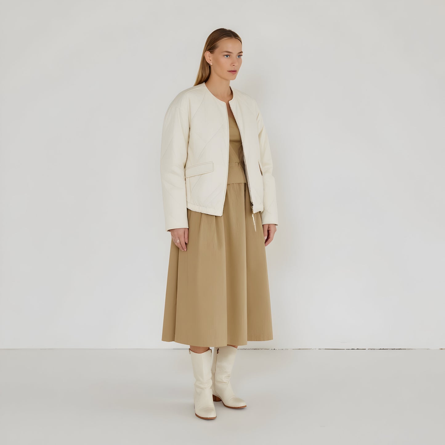 Diamond Quilted Zip-Front Jacket with Flap Pockets and Clean Collarless Cut