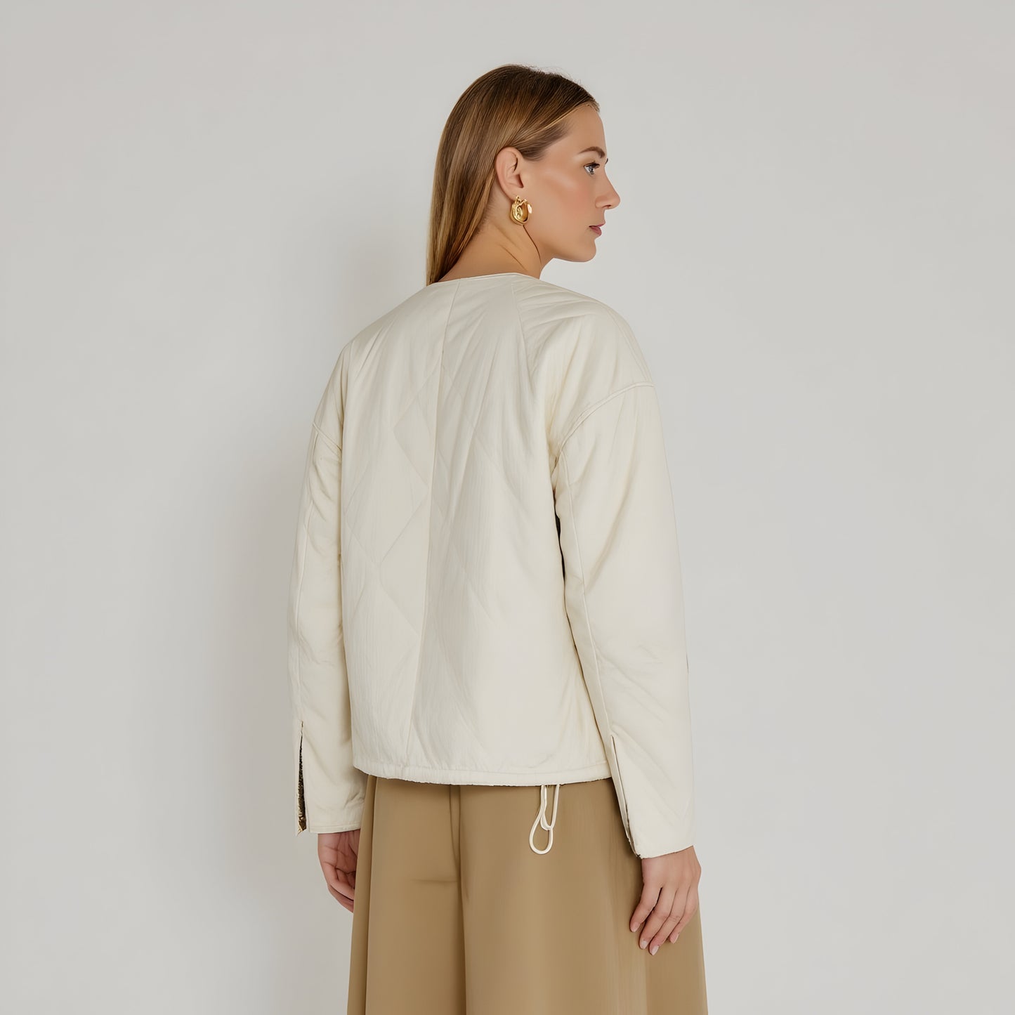 Diamond Quilted Zip-Front Jacket with Flap Pockets and Clean Collarless Cut
