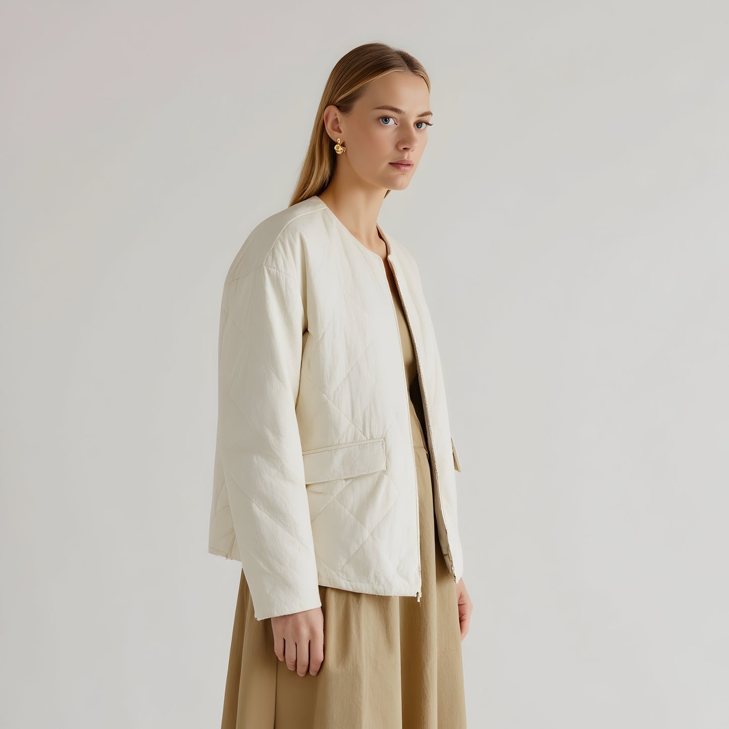 Diamond Quilted Zip-Front Jacket with Flap Pockets and Clean Collarless Cut