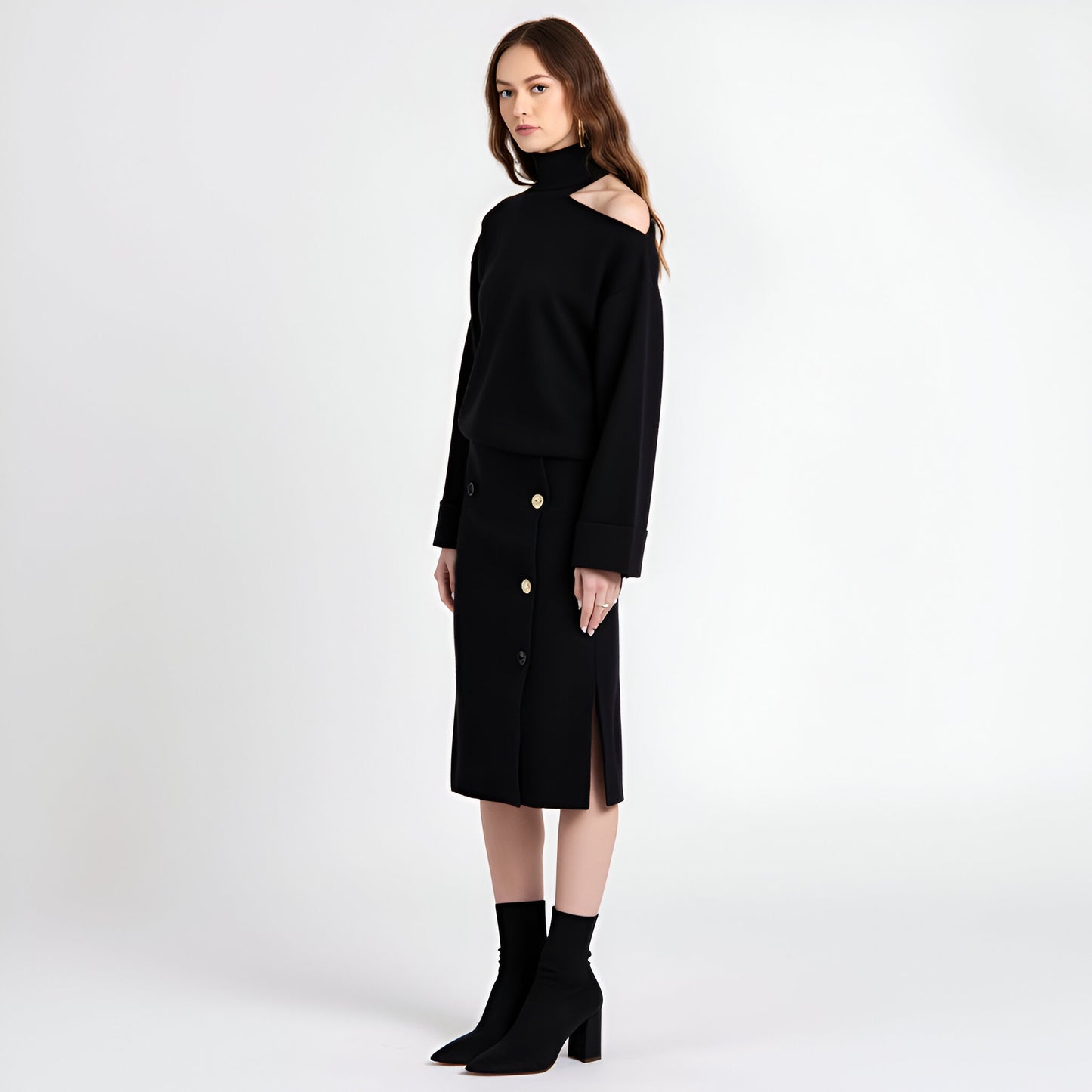Asymmetric Turtleneck Pullover and Button-Front Slit Skirt Set