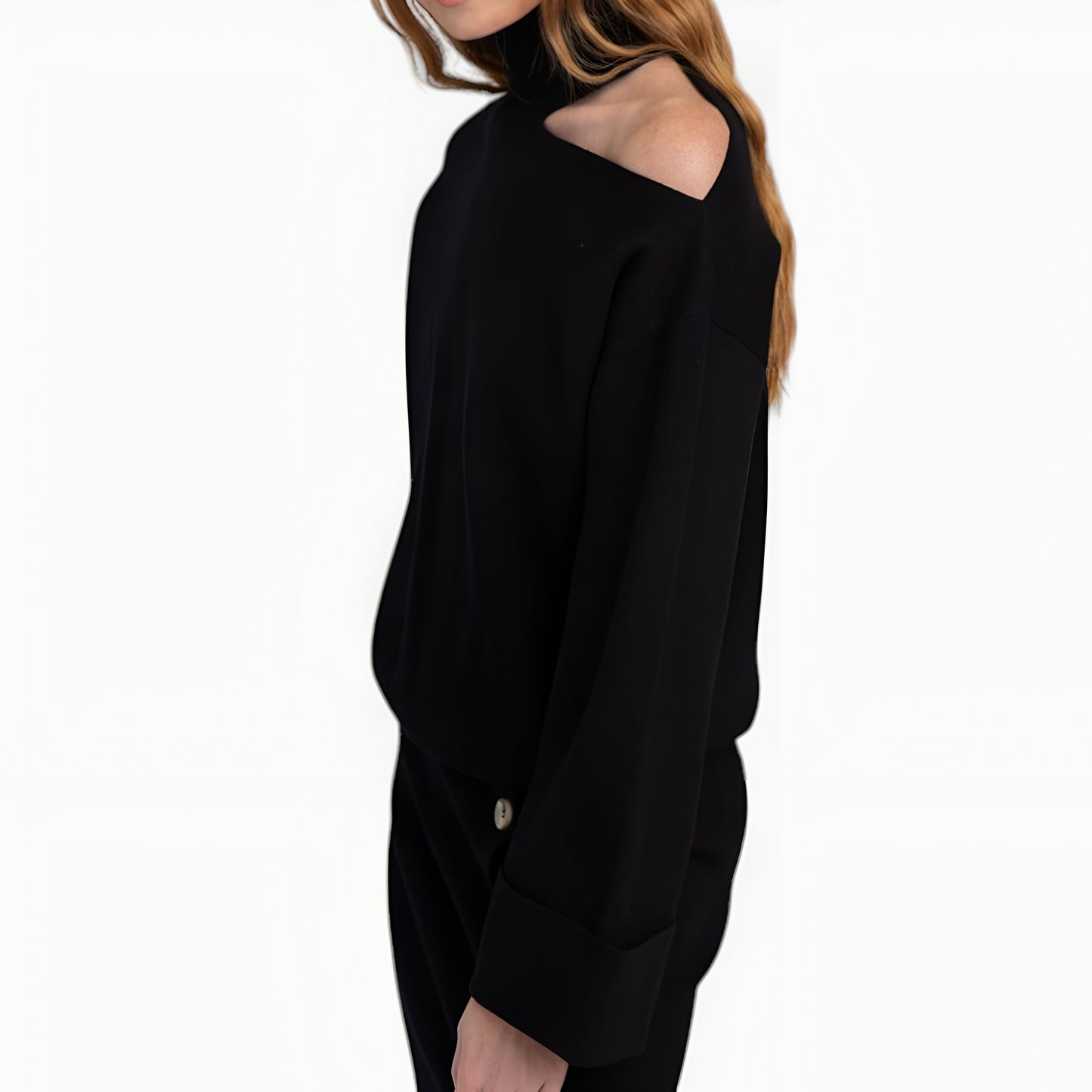 Asymmetric Turtleneck Pullover and Button-Front Slit Skirt Set
