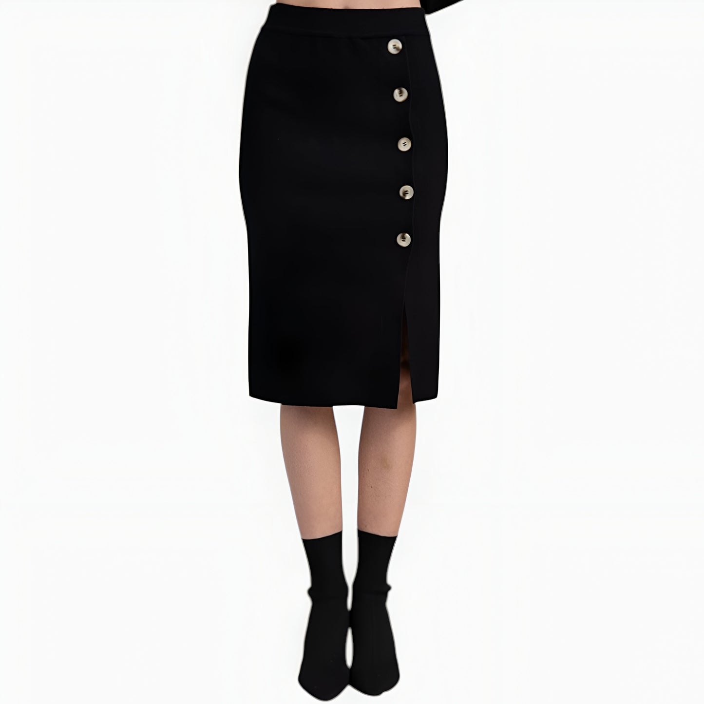 Asymmetric Turtleneck Pullover and Button-Front Slit Skirt Set