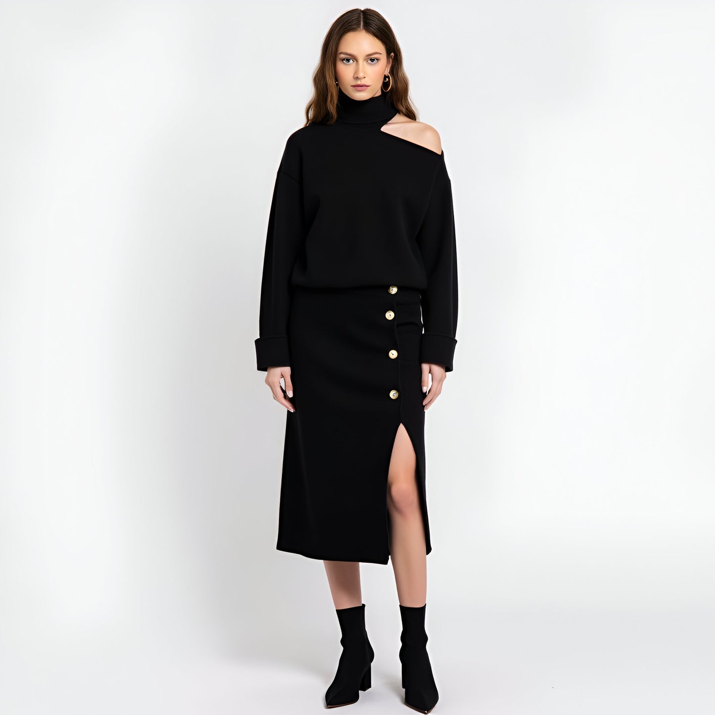 Asymmetric Turtleneck Pullover and Button-Front Slit Skirt Set