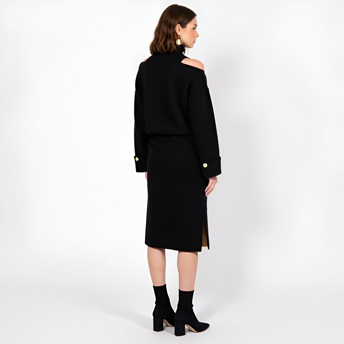 Asymmetric Turtleneck Pullover and Button-Front Slit Skirt Set