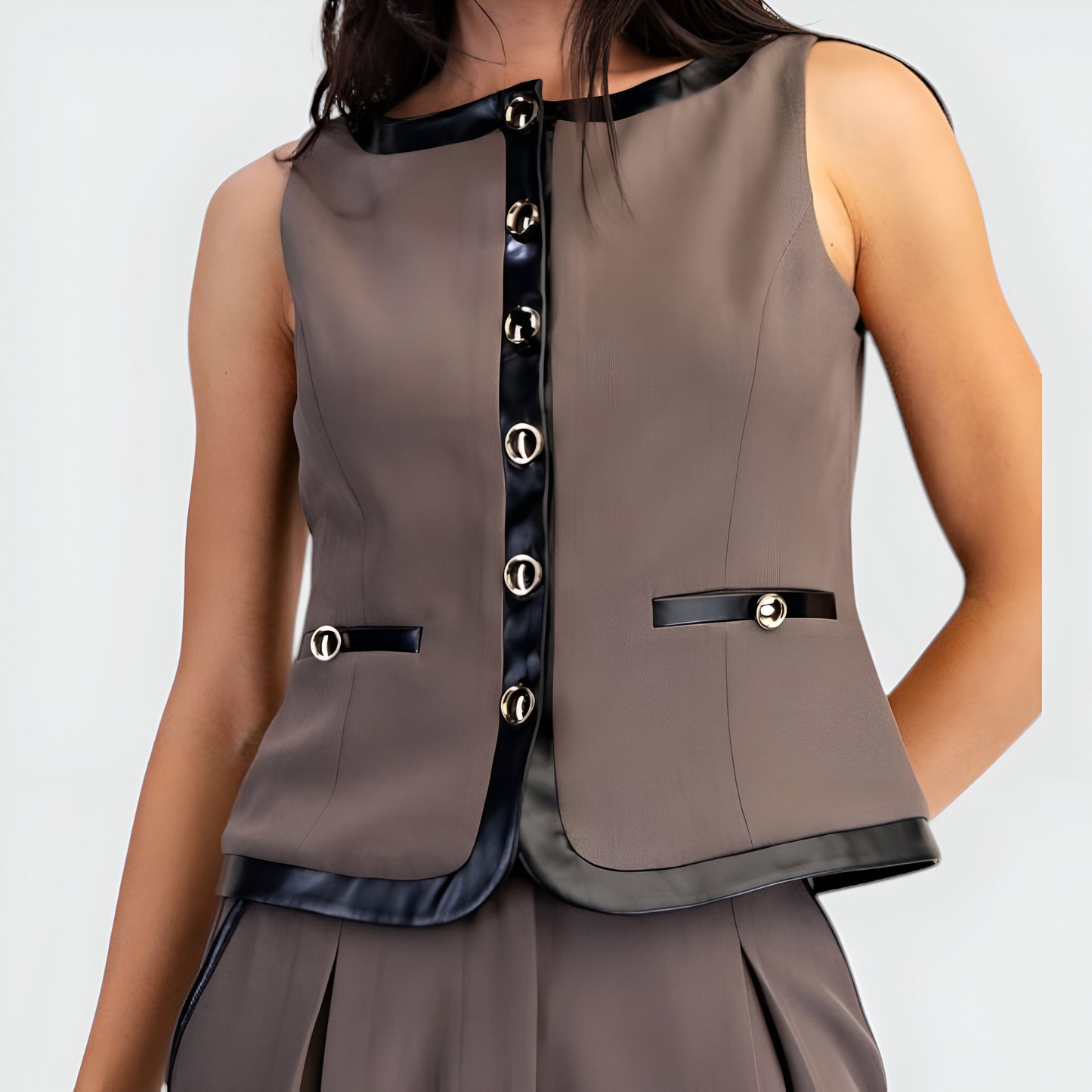 Sleeveless Tailored Top with Satin Trim and Decorative Buttons