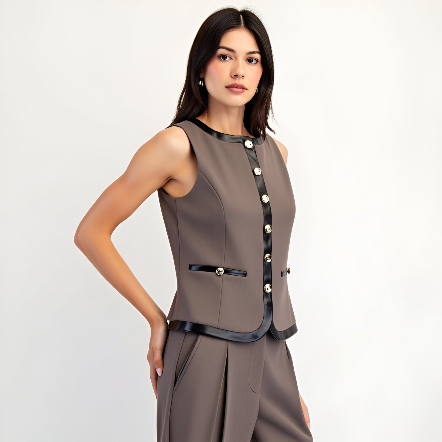 Sleeveless Tailored Top with Satin Trim and Decorative Buttons