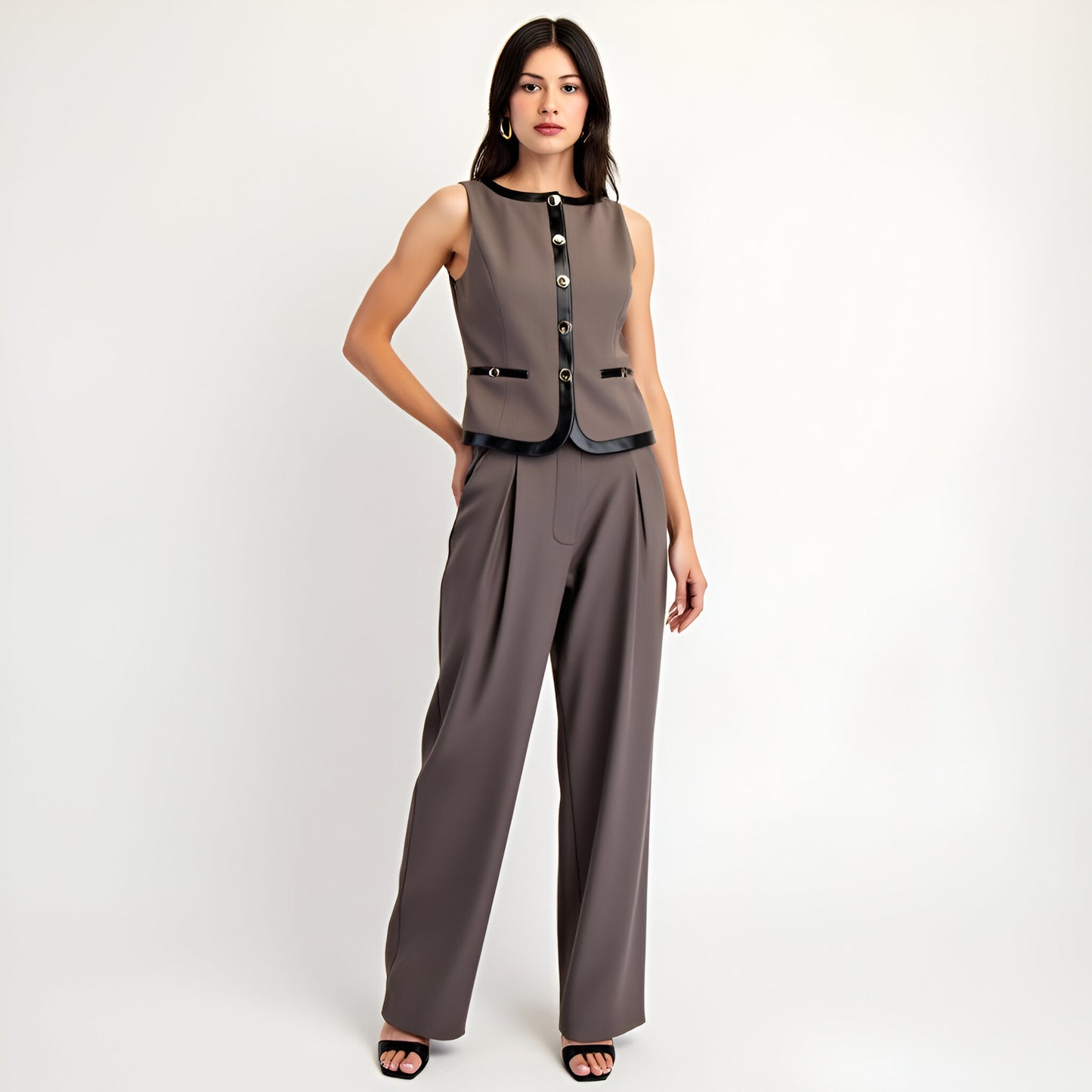 Sleeveless Tailored Top with Satin Trim and Decorative Buttons