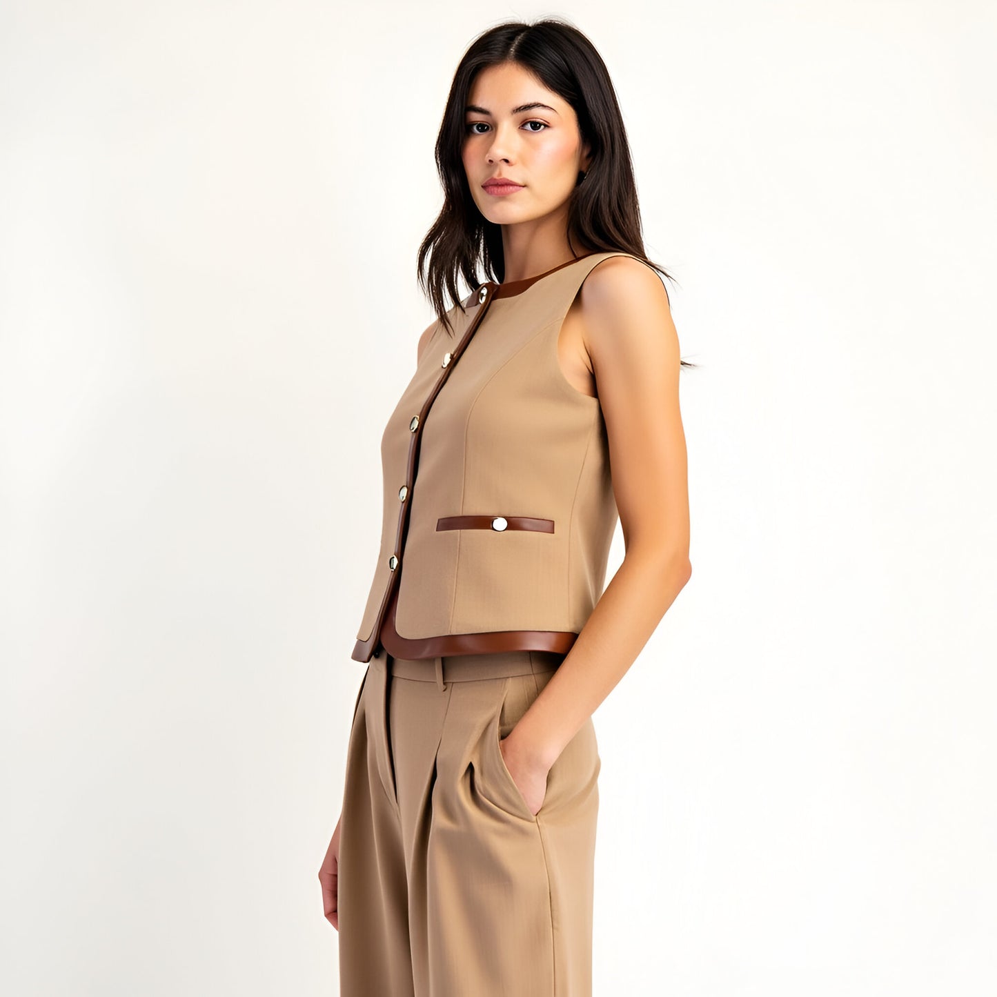 Sleeveless Tailored Top with Satin Trim and Decorative Buttons