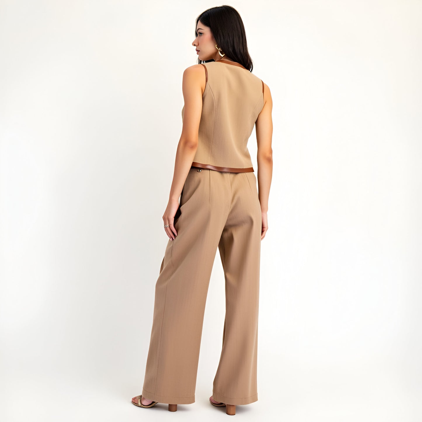 Sleeveless Tailored Top with Satin Trim and Decorative Buttons