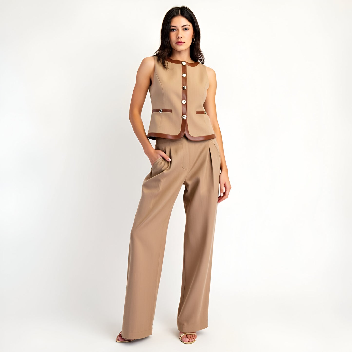 Sleeveless Tailored Top with Satin Trim and Decorative Buttons