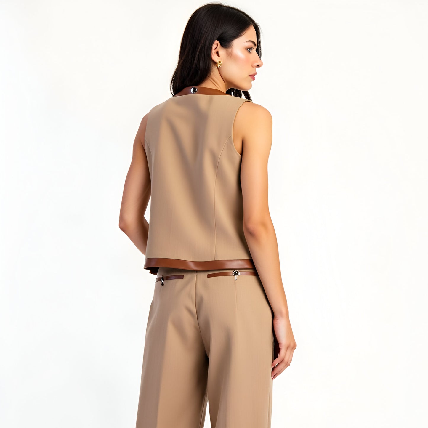 Sleeveless Tailored Top with Satin Trim and Decorative Buttons