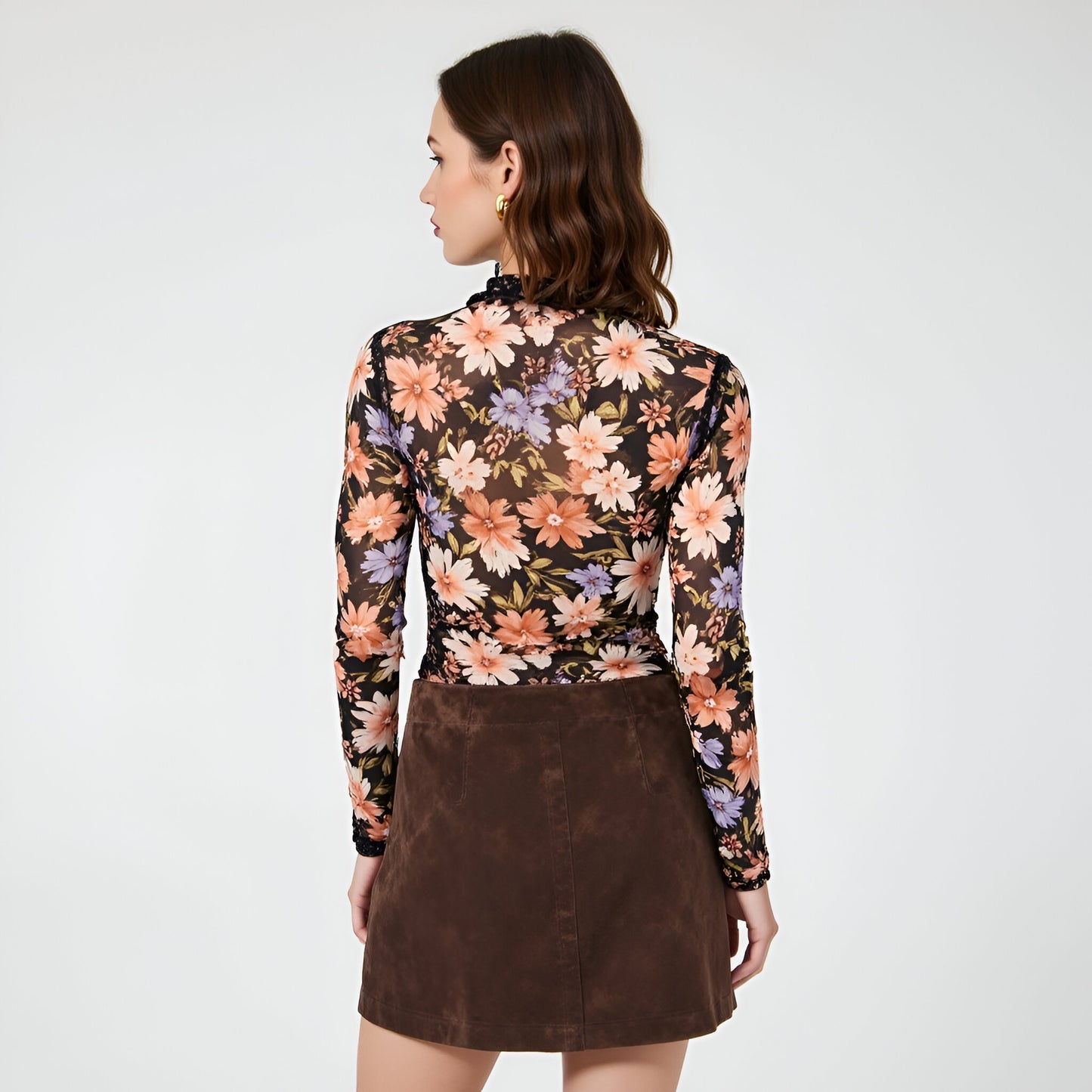 Sheer Floral Mesh Long Sleeve Top with Mock Neck and Fitted Design