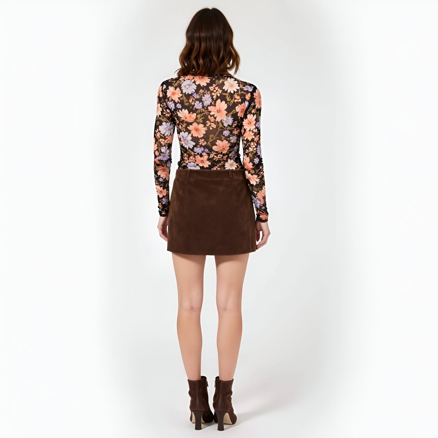 Sheer Floral Mesh Long Sleeve Top with Mock Neck and Fitted Design