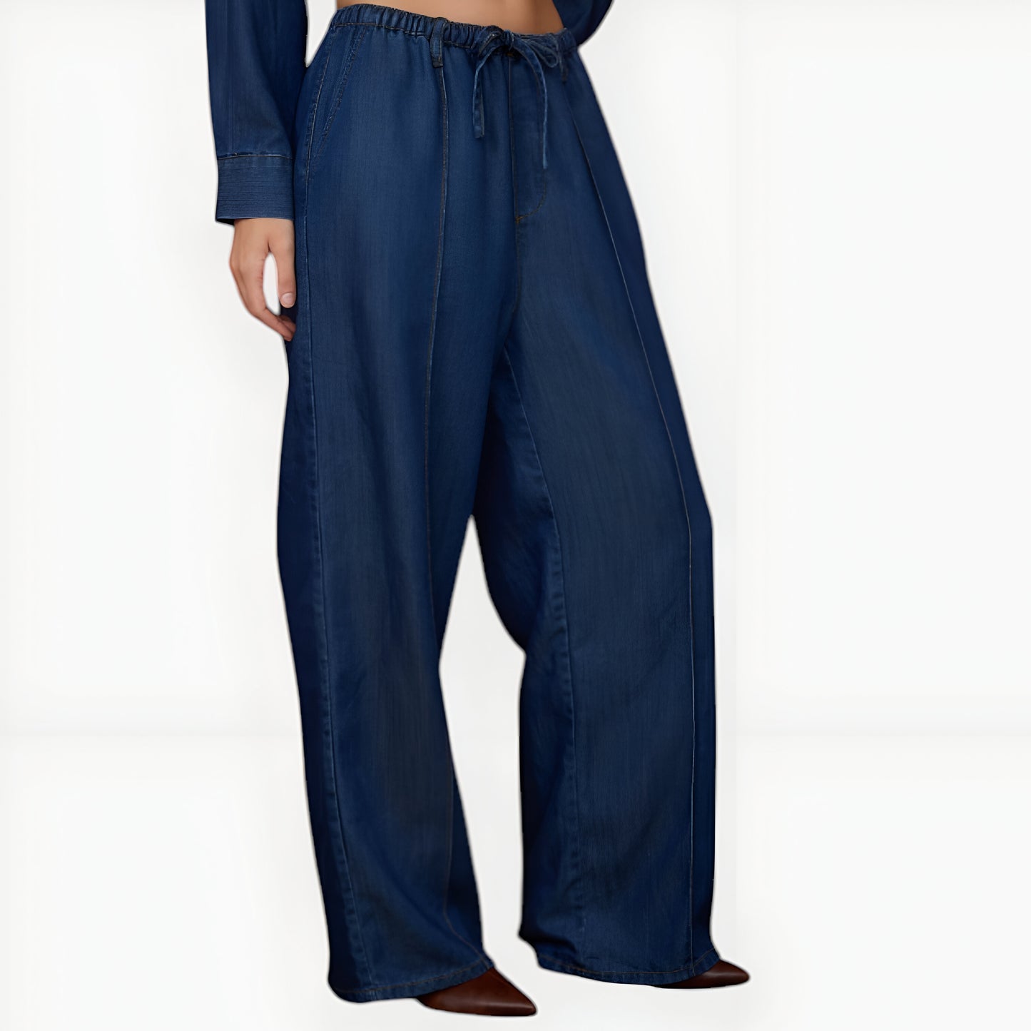Wide-Leg Denim Pants with Elastic Drawstring Waist and Seam Detailing